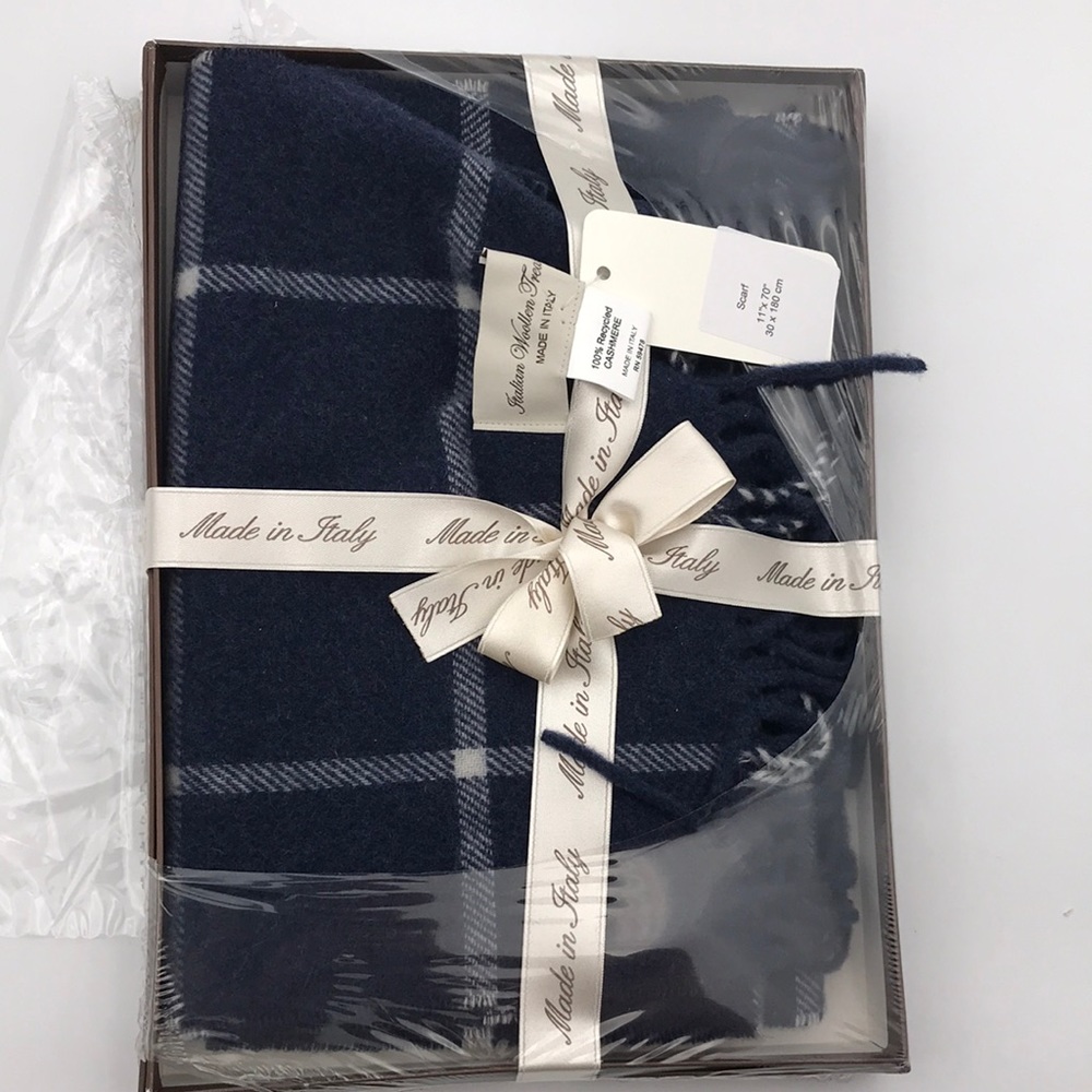 Italian Woollen Treasures Cashmere Blue White Plaid  Scarf